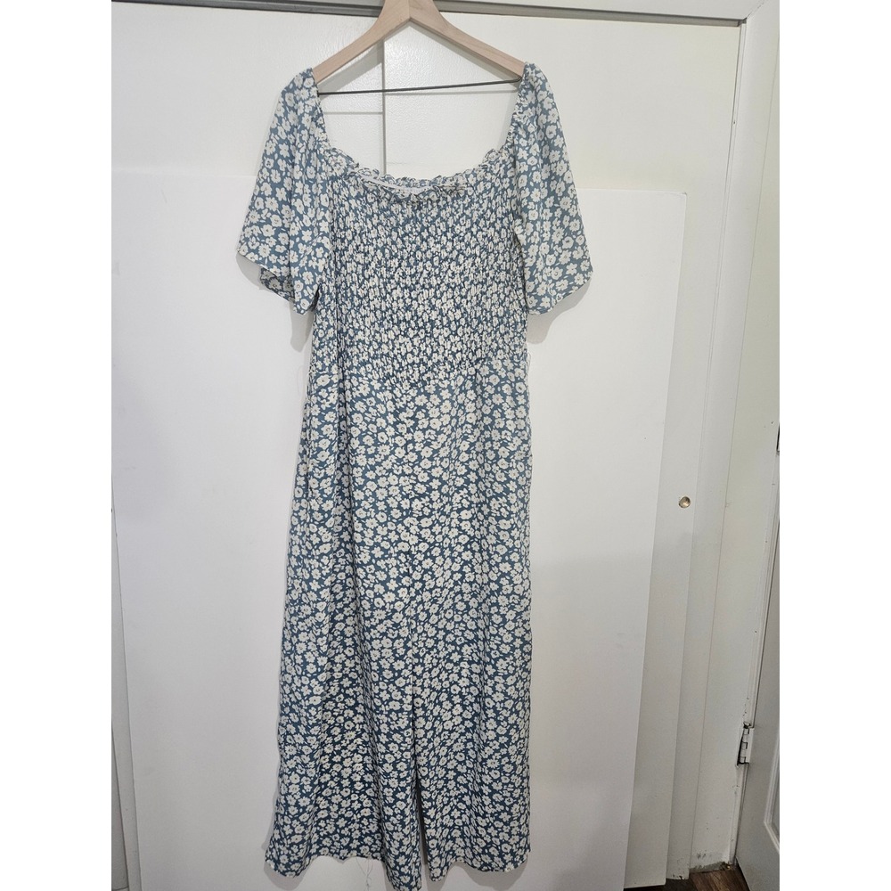 Baltic Born Women Blue White Floral Smocked Wide Leg Jumpsuit 1XL H11091FLW